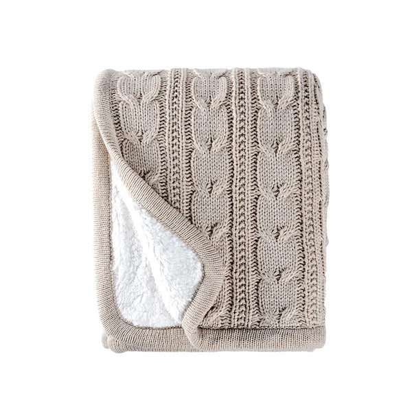 Taupe Cable Knit Throw with Sherpa Reverse