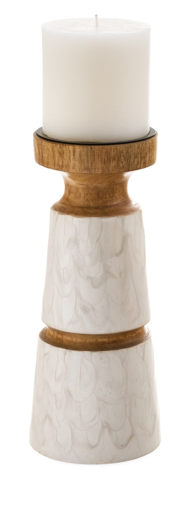 Ecru Scalloped Enamel on Natural Wood Candle Holder - Joshua & Company