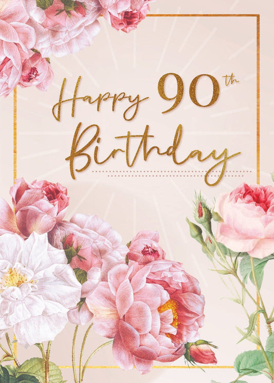 90th Birthday Card - Ninety Pink Florals