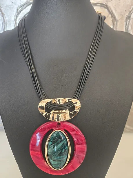 Burgundy with Green Ovals Necklace and Earring Set