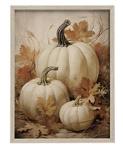 Fall Leaves with White Pumpkins in Wooden Frame