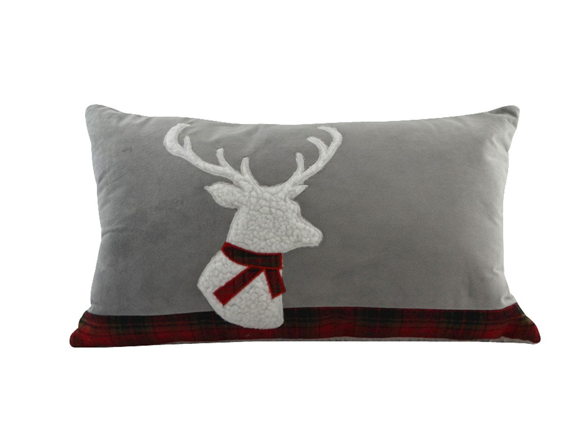 Grey and Red Deer Cushion with Faux Shearling