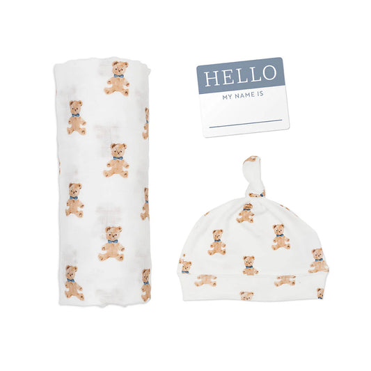 Lulujo Hello World Blanket and Knotted Hat Set - Vintage Bear