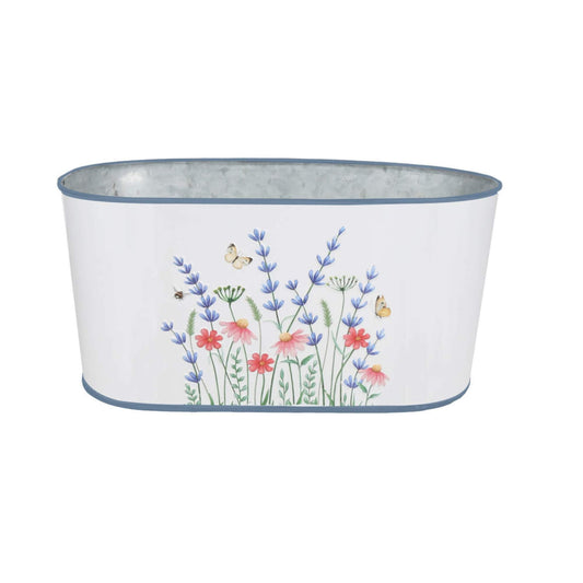 Large Oval White Pot with Floral Design
