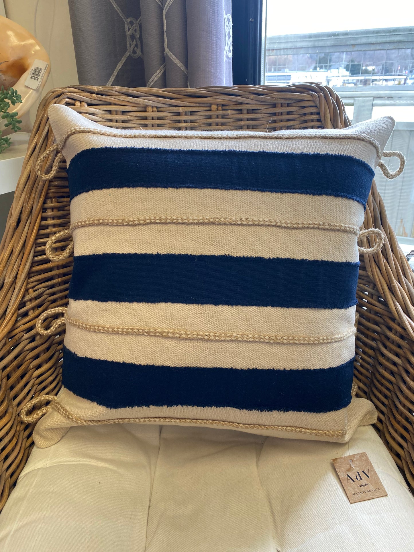 Natural and Blue Striped Cushion with Braided Rope