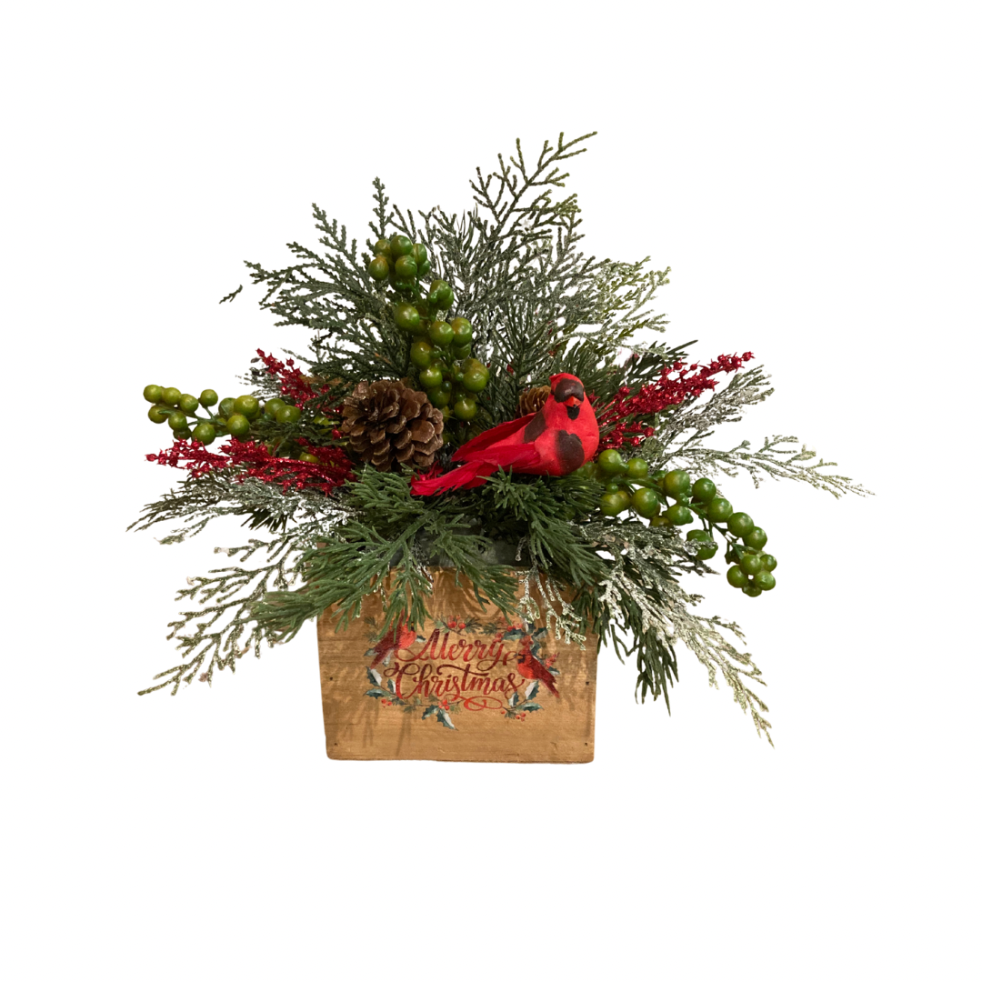 Holiday Arrangement with Cardinal in Wooden Box *Store Pick Up Only