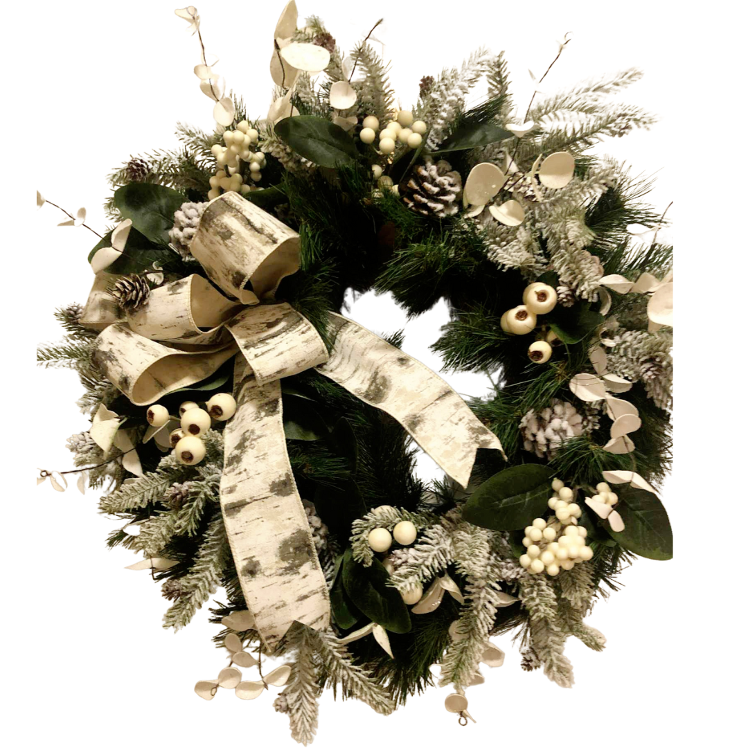 Wreath with White Berries and Birch Ribbon *Pick Up Only *