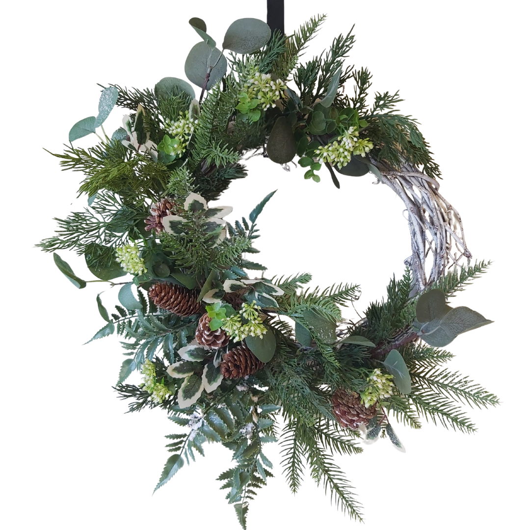 Wreath with Frosted Fern, Mixed Greenery and Pinecone  **Pick Up Only **