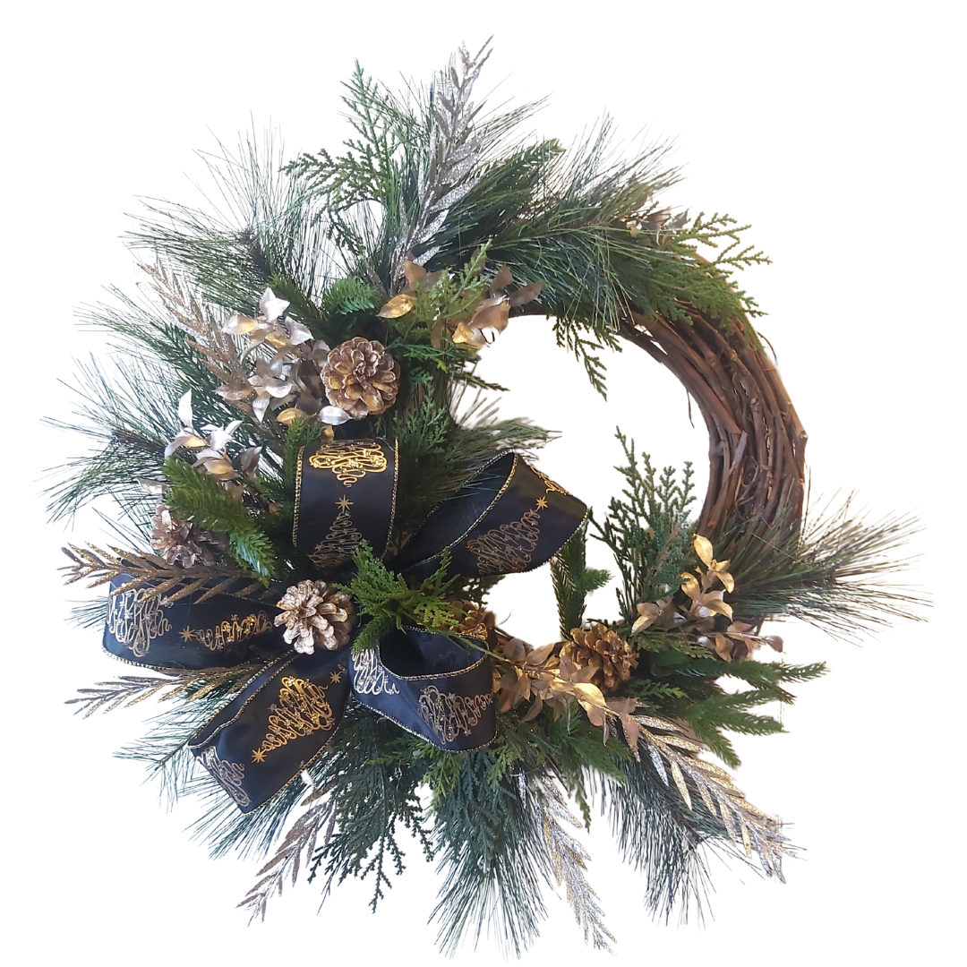 Wreath with Gold Pinecone, Gold Accents and Black & Gold Ribbon  **Pick Up Only **