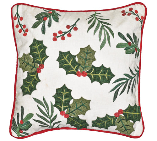 Natural Holly and Red Piping Cushion 18"