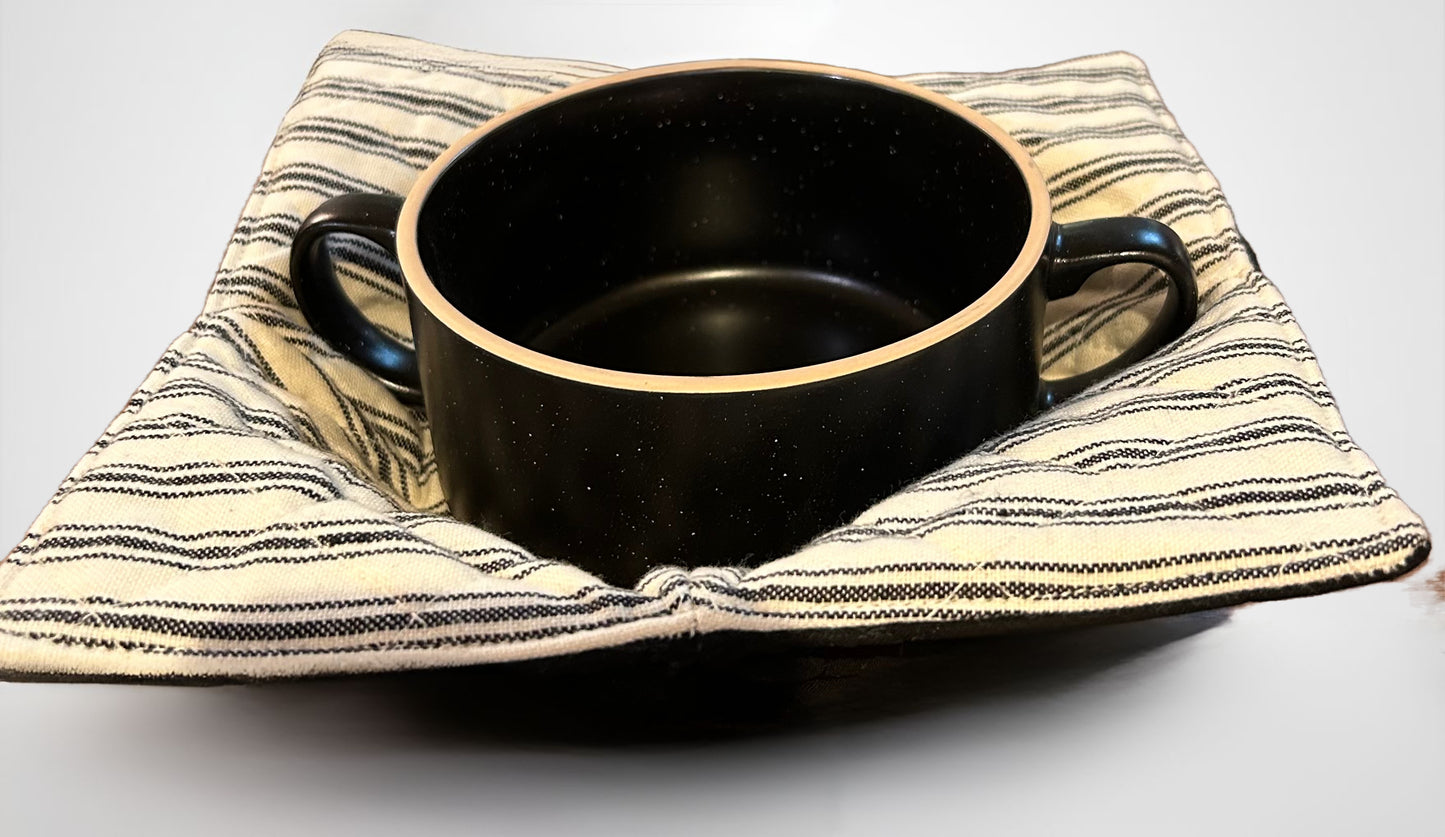 Black Ticking Soup Bowl with Bowl Cozy