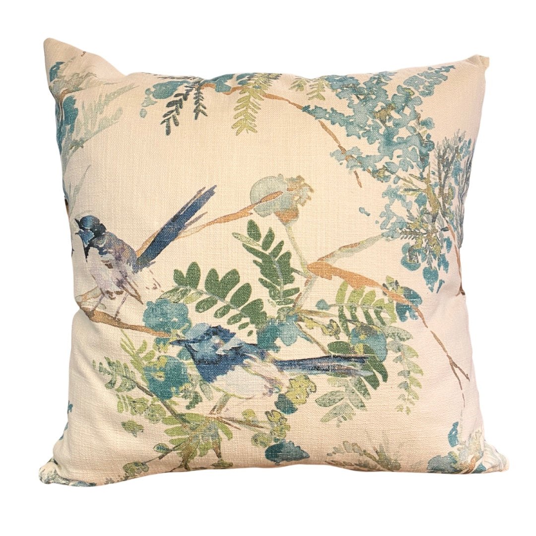 Cream and Aqua Blue Bird Cushion 18"