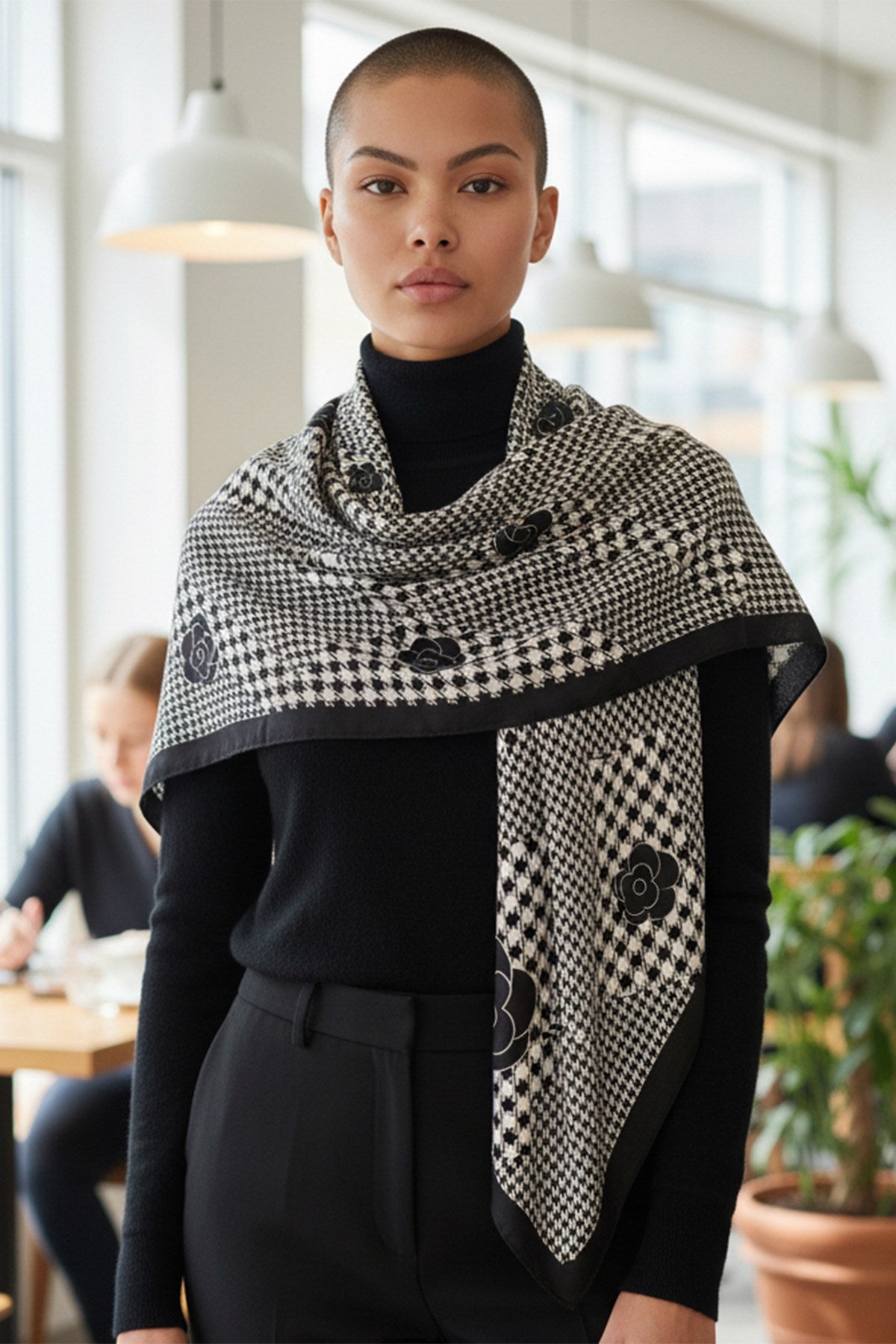 Black and White Houndstooth Print Square Scarf