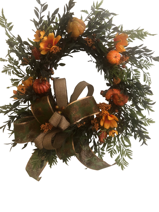 Fall Wreath with Green Bow with Maple Leaves *Pick Up Only