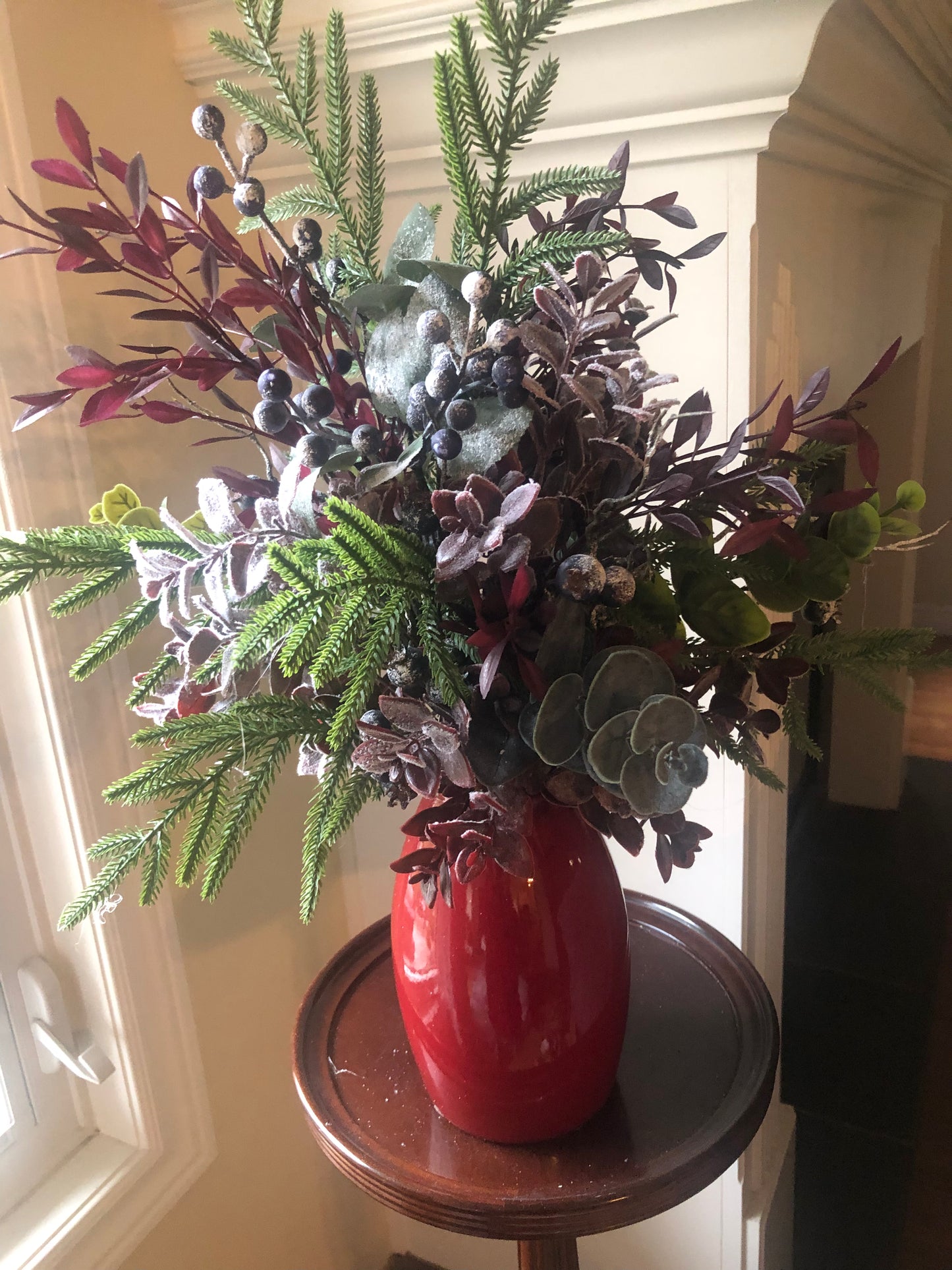 Holiday Arrangement with Floral and Berries in Red Vase*Store Pick Up Only
