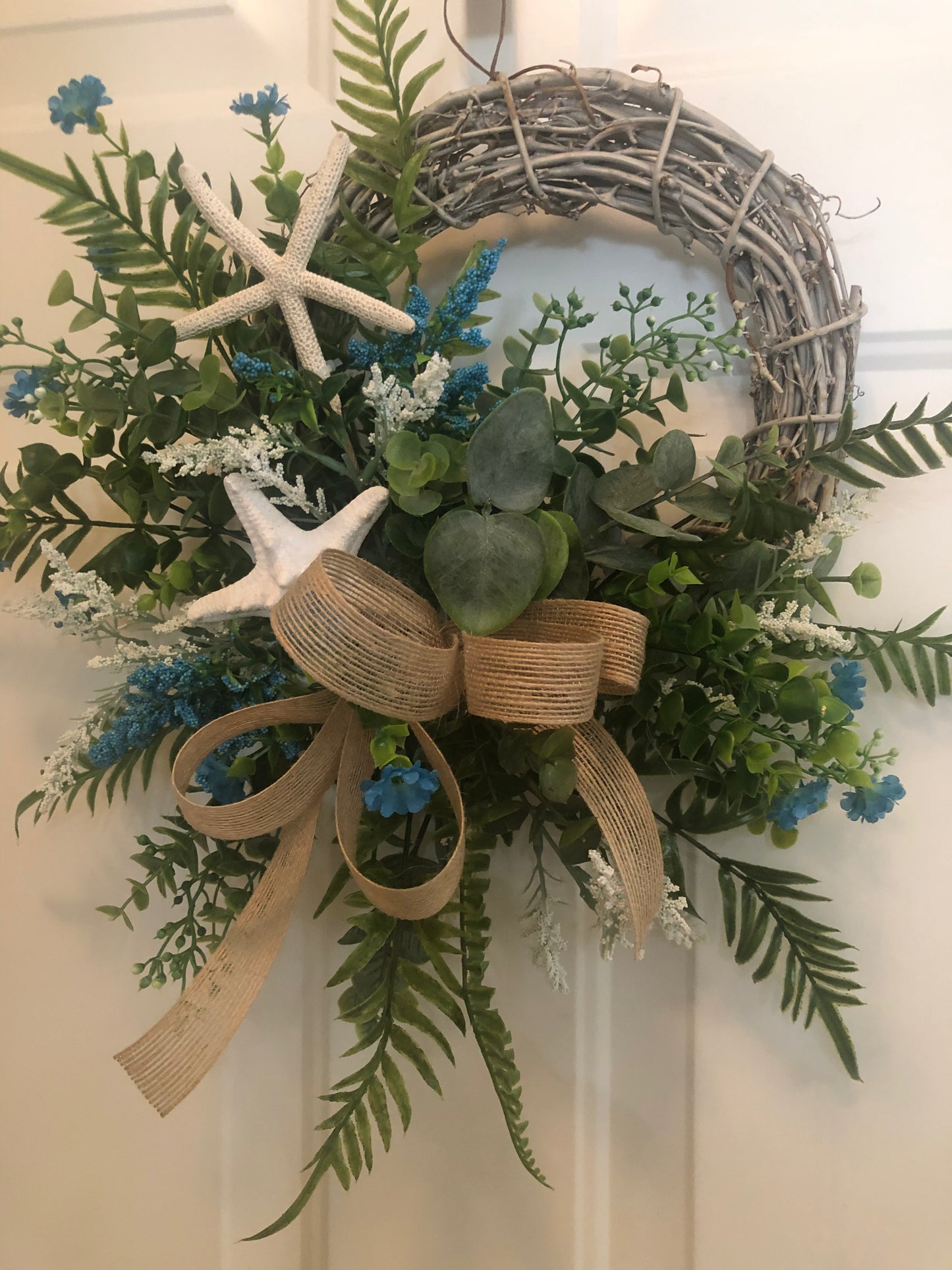 Nautical Wreath with Burlap Ribbon and Turquoise Flowers *Store PickUp Only