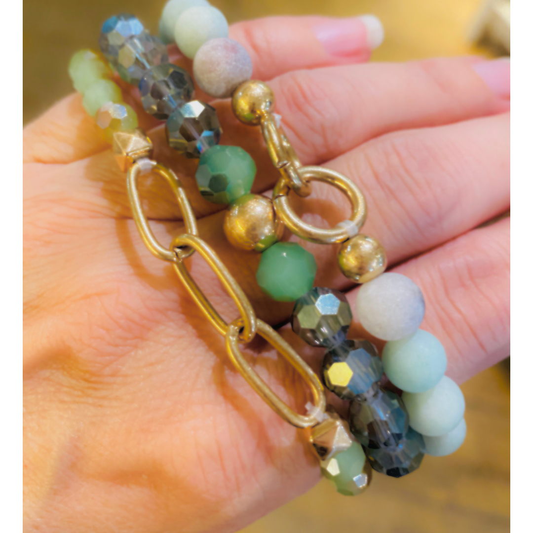Rain - Gold Link Green Stone Bead Bracelet Set