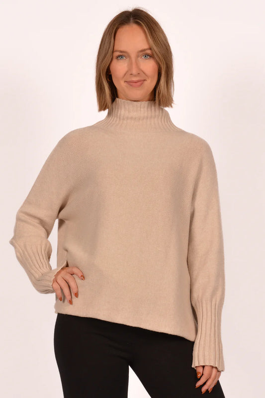 Beige Rib Mock Neck Sweater