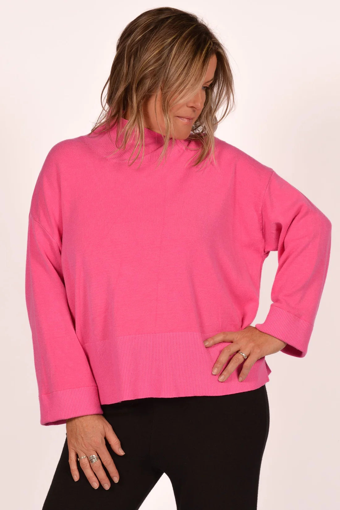 Hot Pink Rib Mock Neck Sweater