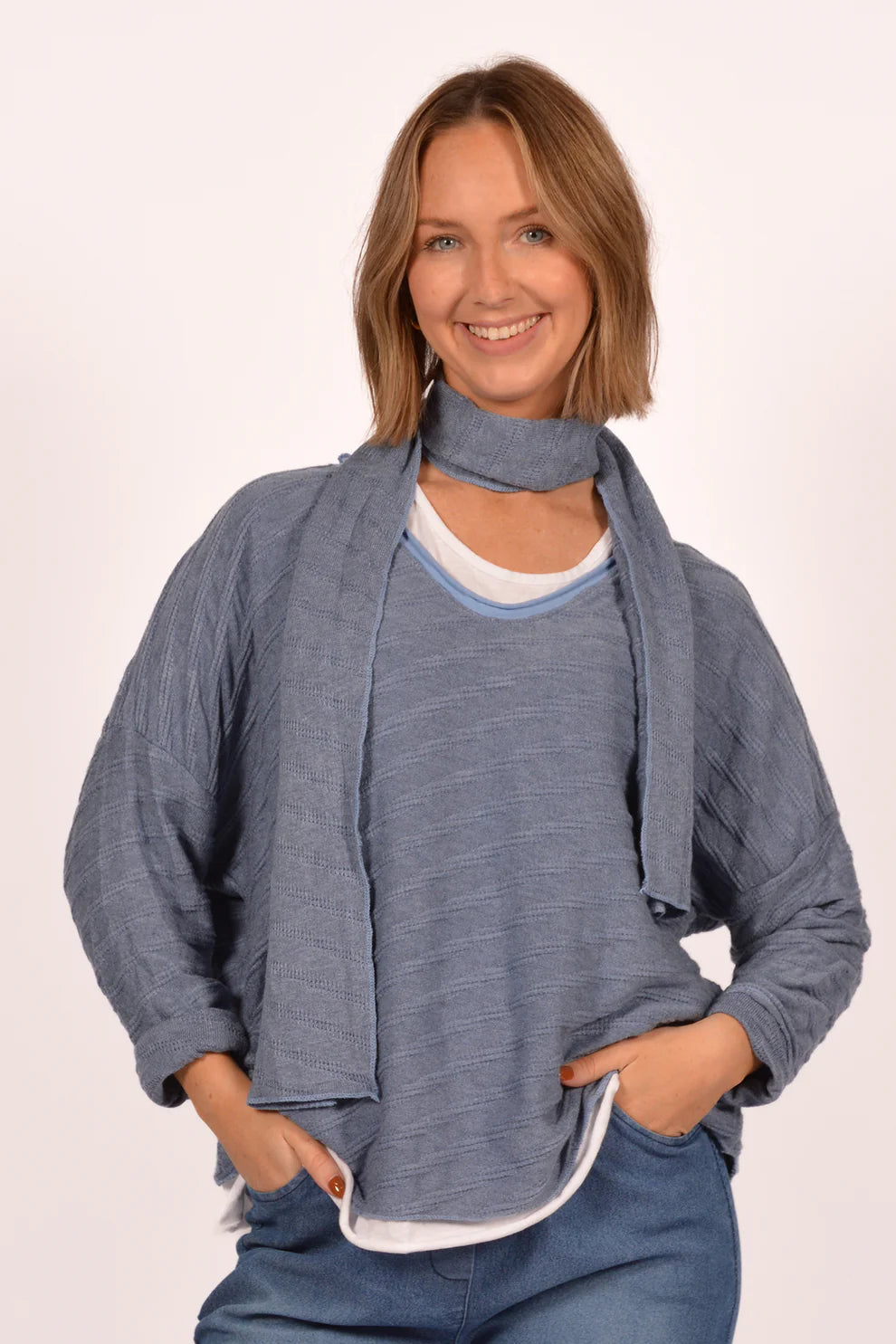 Denim Blue Braided Sweater with Scarf