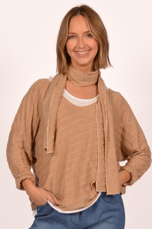 Camel Braided Sweater with Scarf