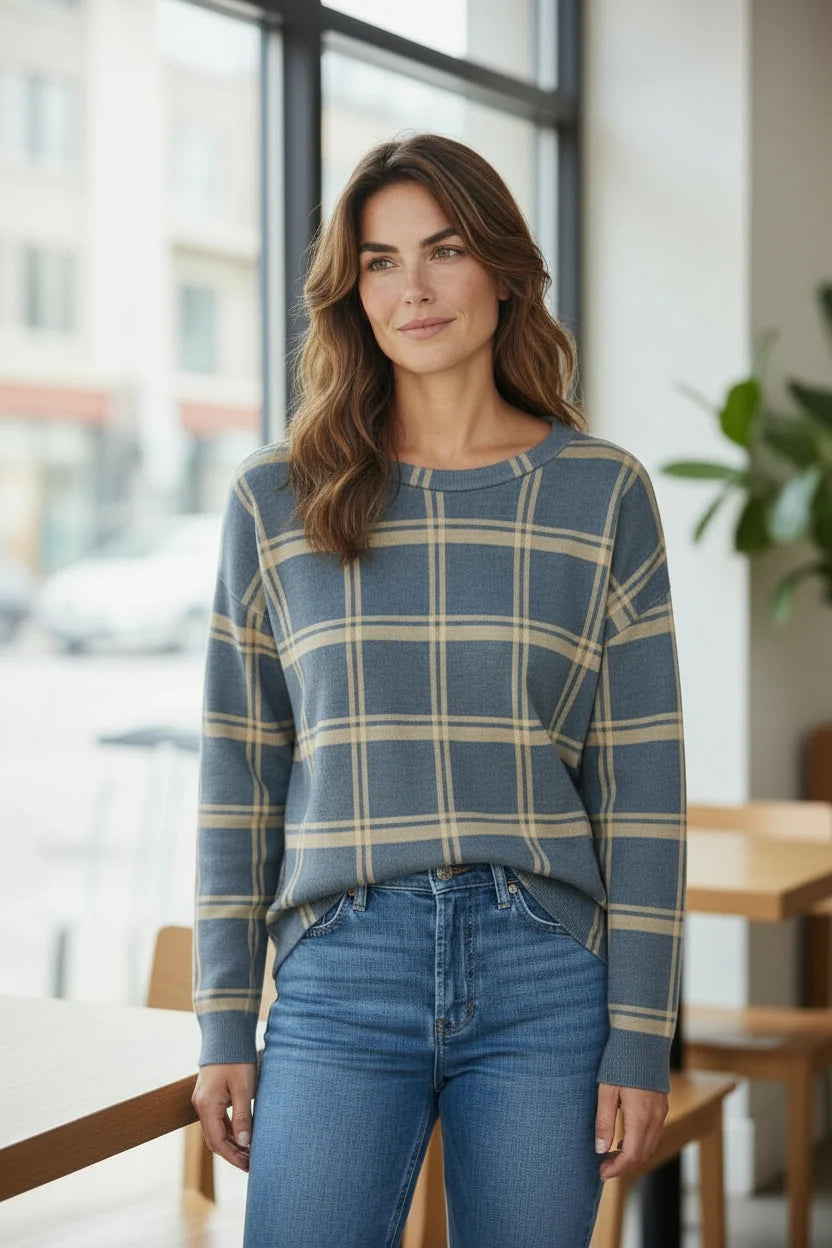 Blue Plaid Print Top
