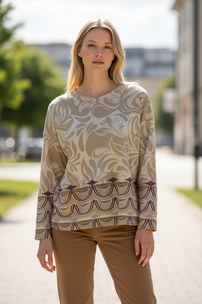 Beige Filigree Print Top