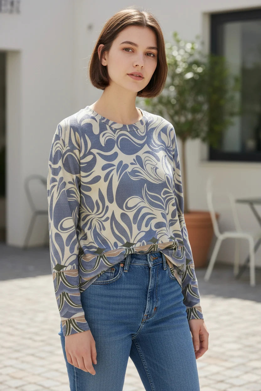 Blue Filigree Print Top