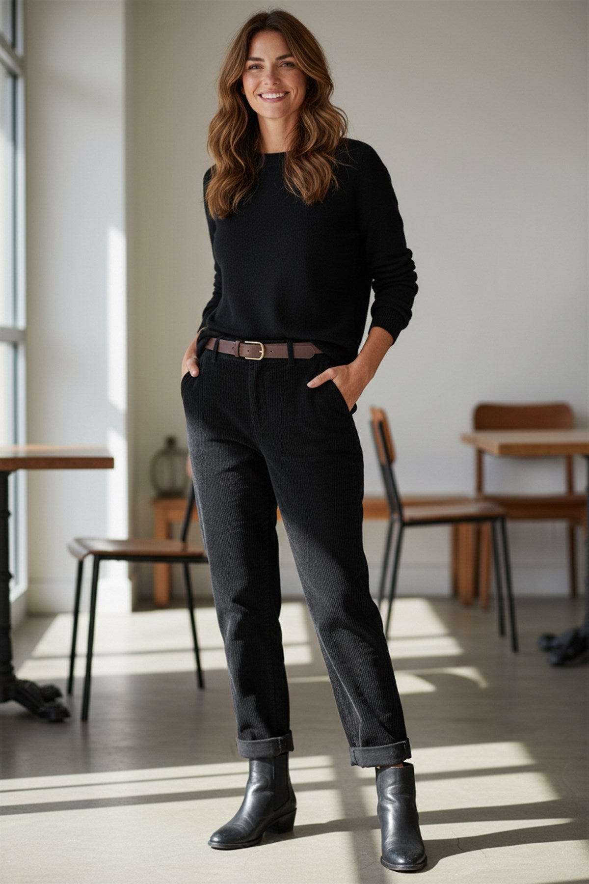 Black Corduroy Pant with Belt