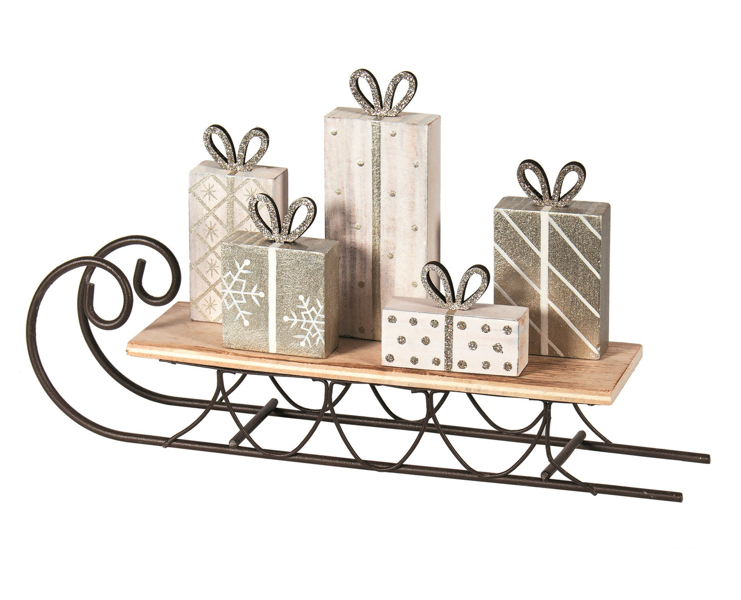 Wood Sleigh with Silver & White Presents