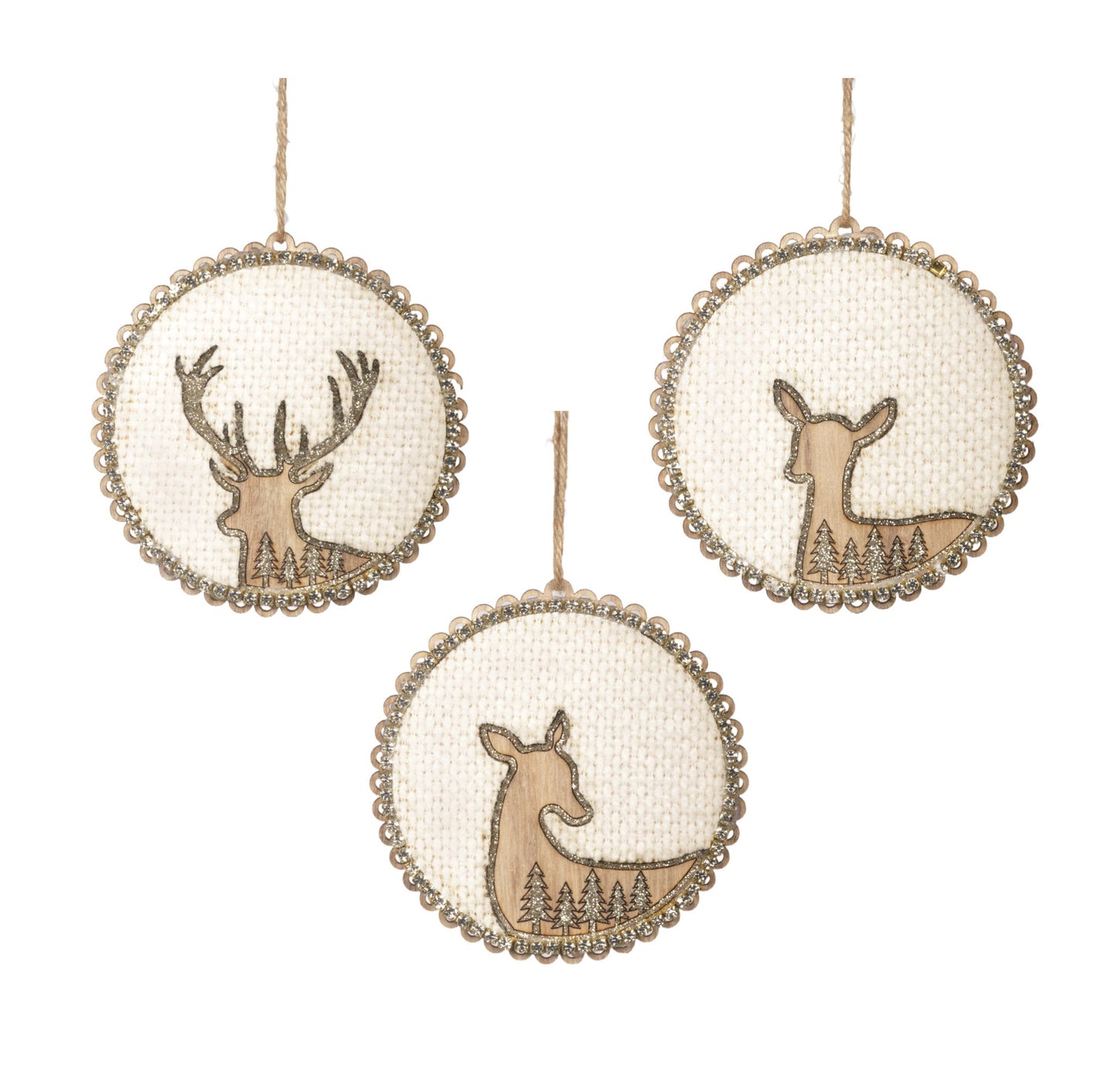 Wood and Chenille Disk Ornaments with Deer Cutouts