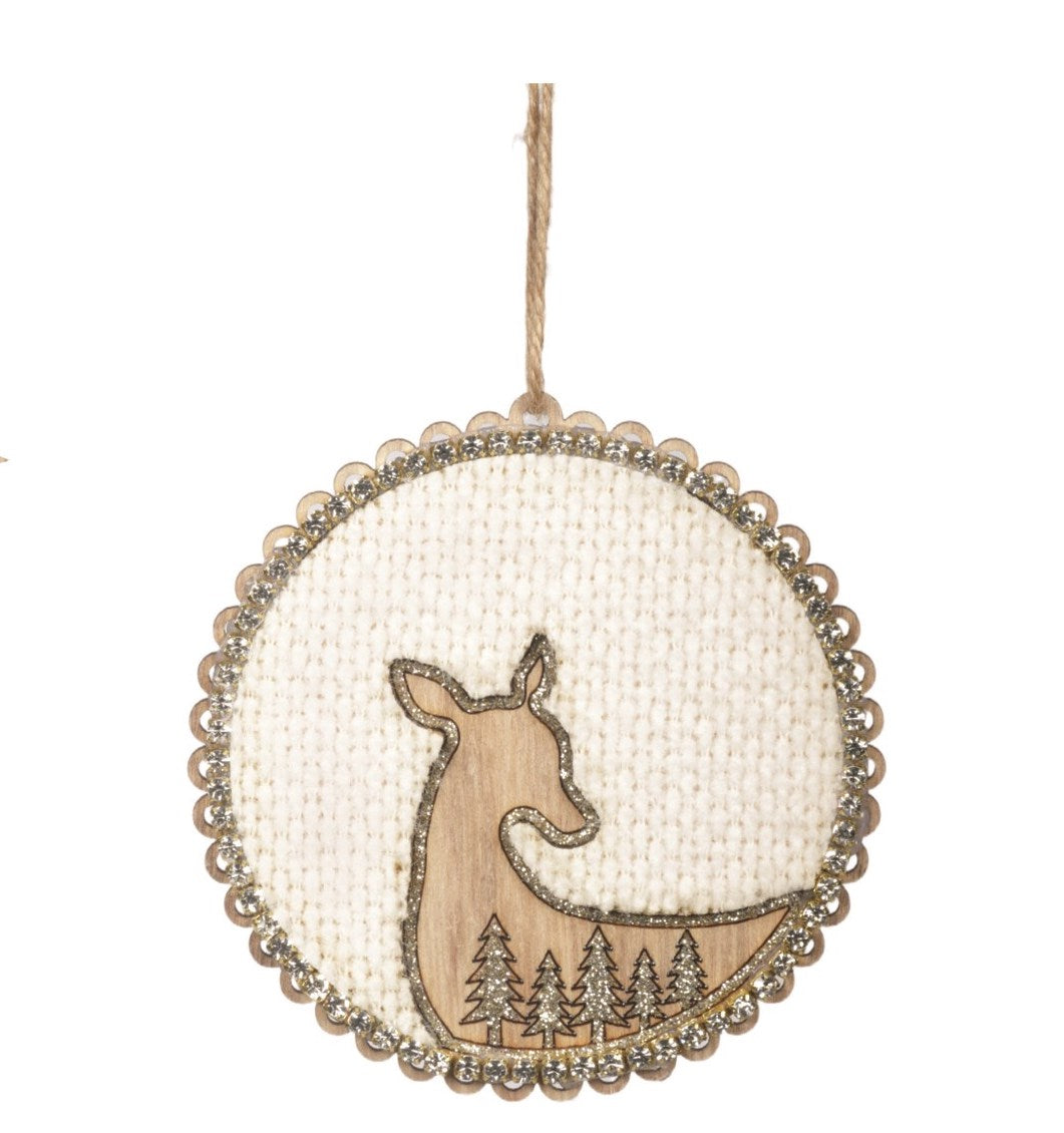 Wood and Chenille Disk Ornaments with Deer Cutouts