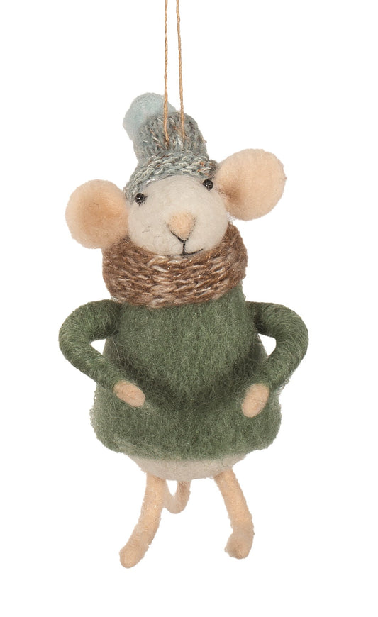 Felted Mouse with Blue Toque Ornament