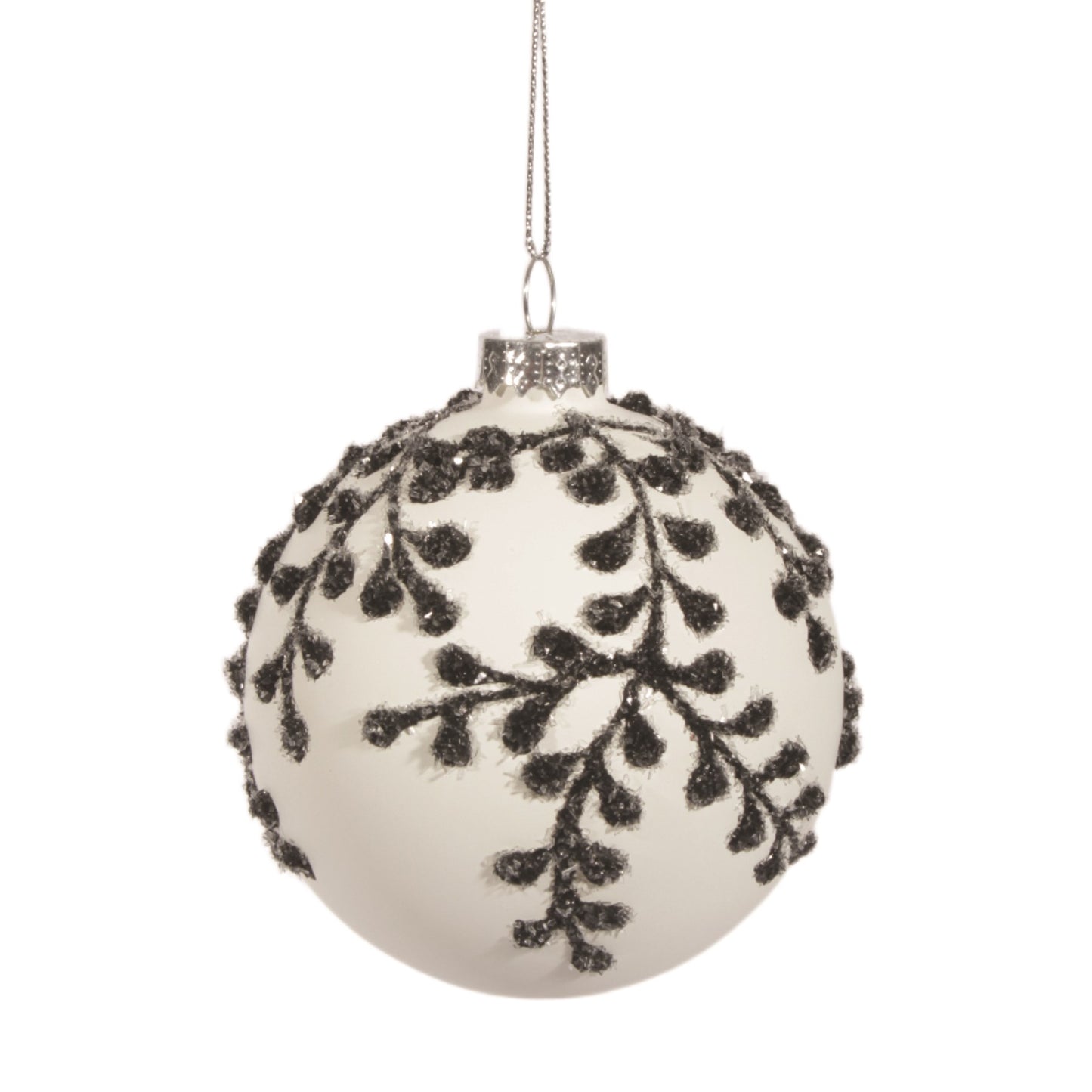 Matte White Glass Ball Ornament with Black Glitter Branches.