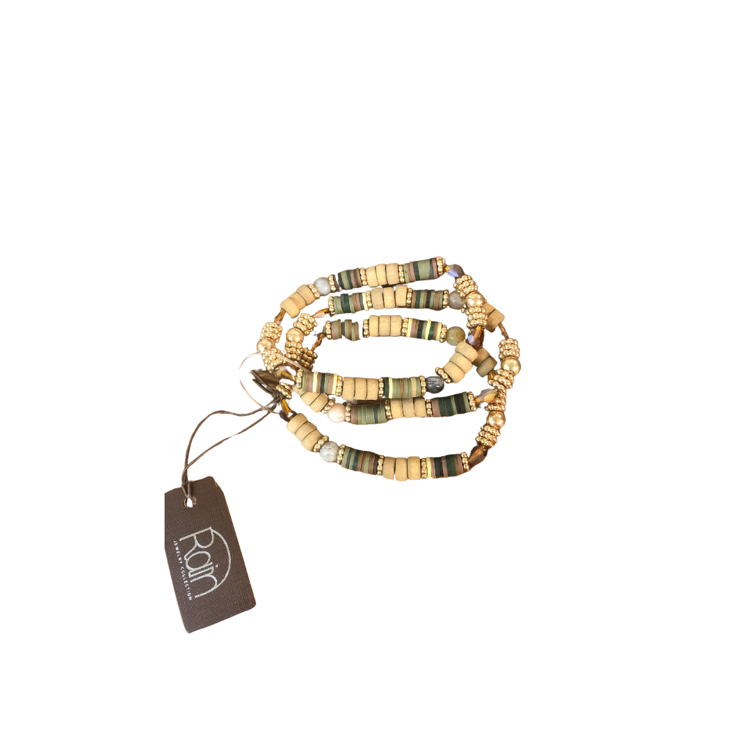 Gold, Wood & Glass Beaded Neutral Bracelet Set