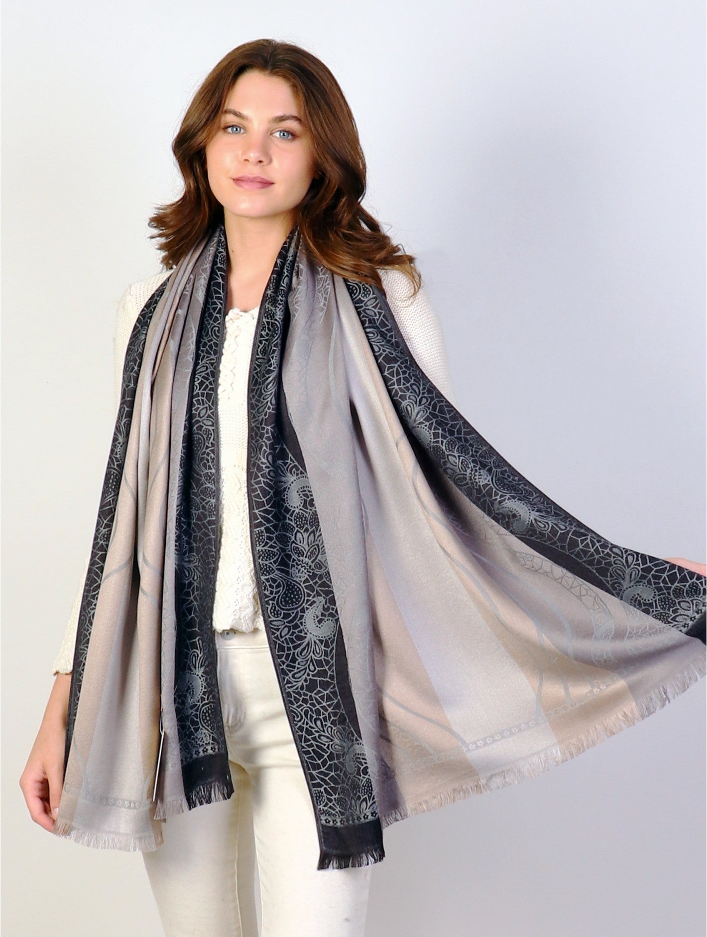 Floral Way White Pashmina Scarf