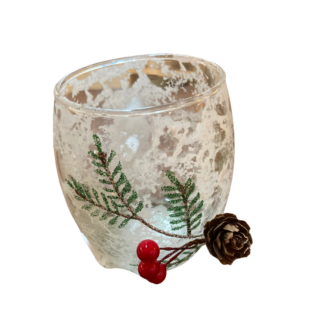 Snowy Tea Light Holder with Berries and Pinecone