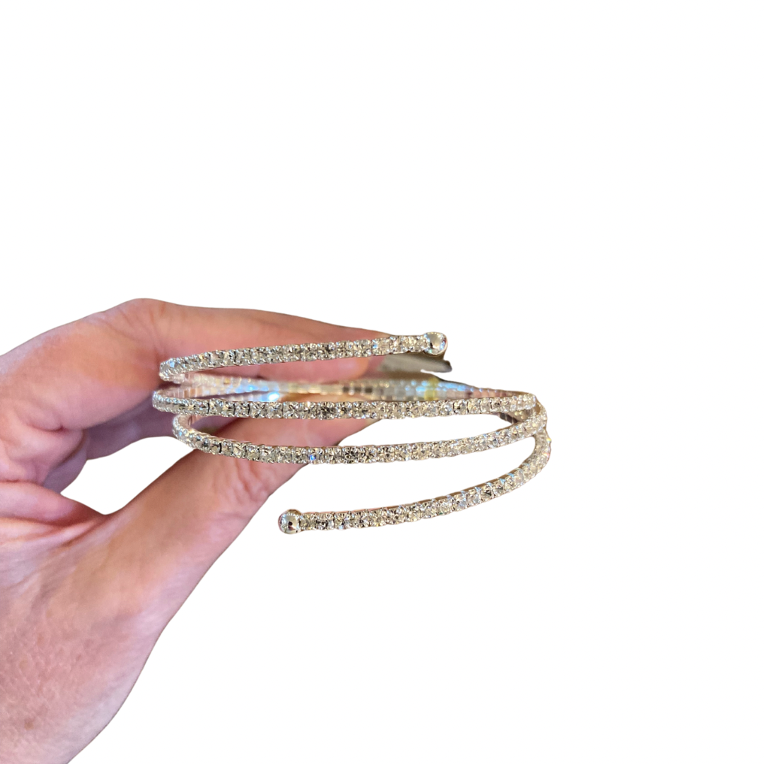 Crystal Rhinestone 3 Row Spiral Cuff Silver