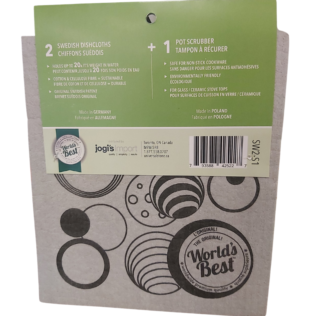 World's Best Flat Pot Scrubber and Swedish Dishcloth -3 Pc Set