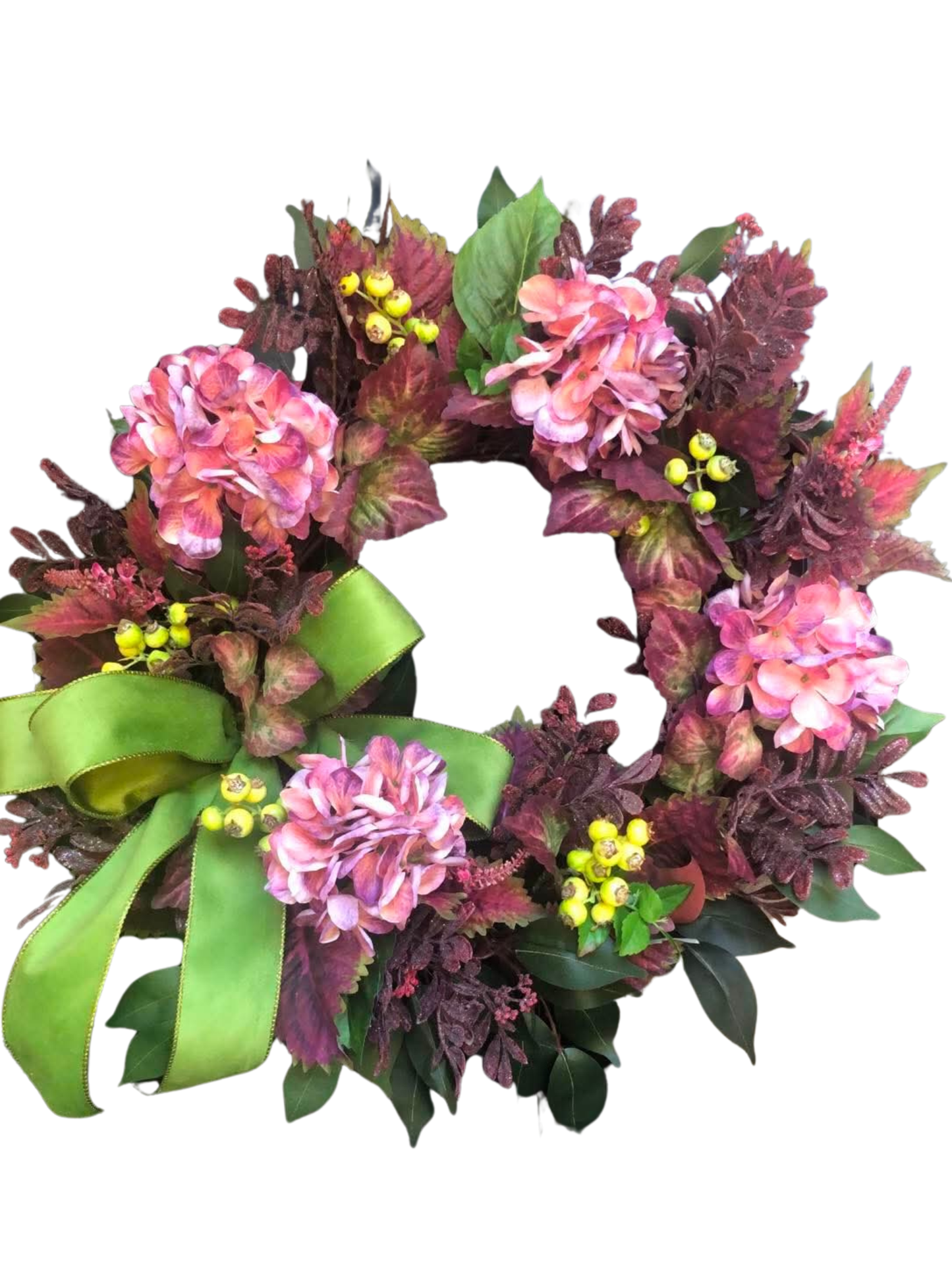 Pink and Plum Hydrangea Wreath with Velvet Sage Ribbon *Store Pick Up Only