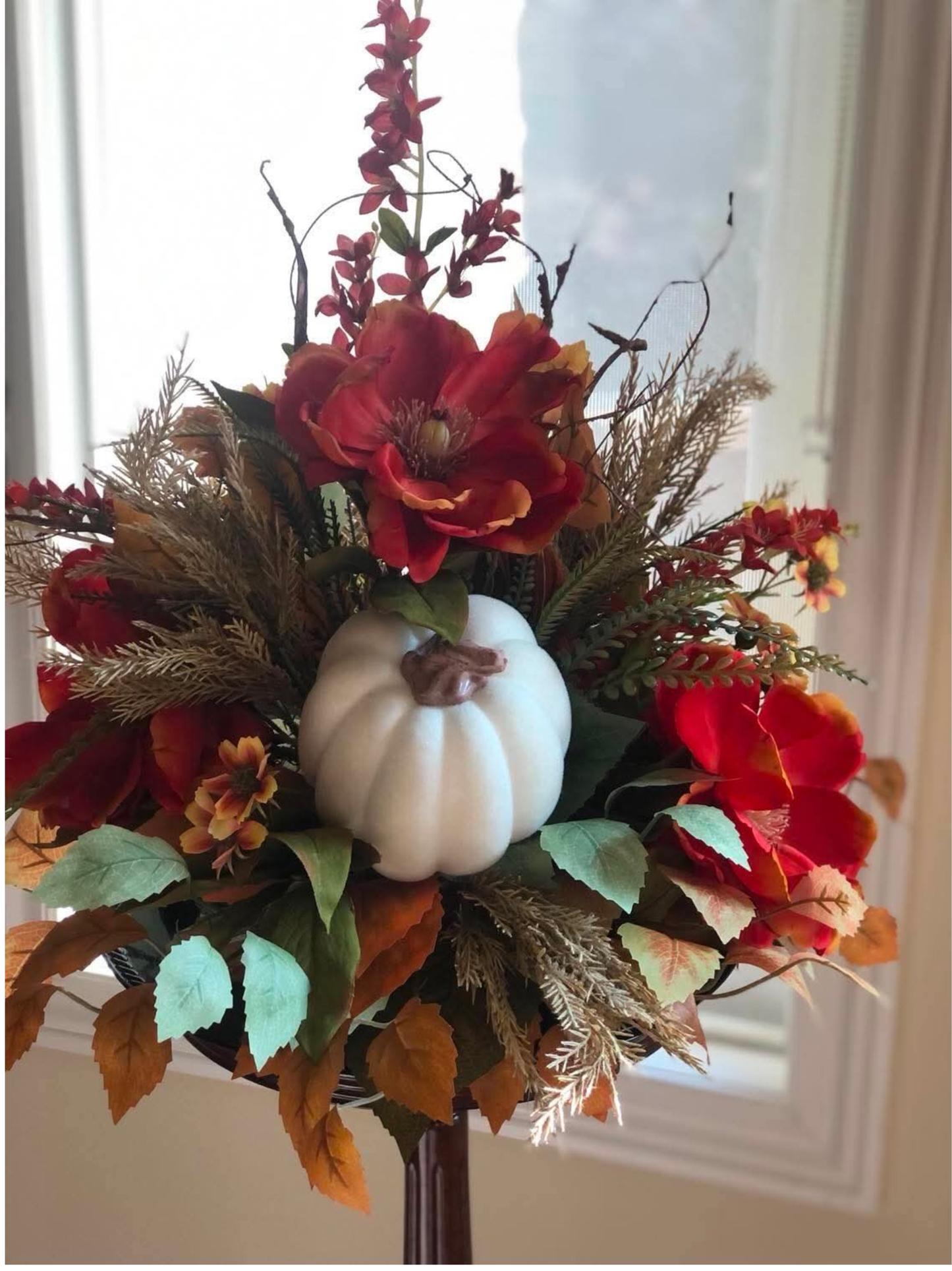 Burnt Orange Magnolia and Cream Pumpkin Arrangement *Store Pick Up Only