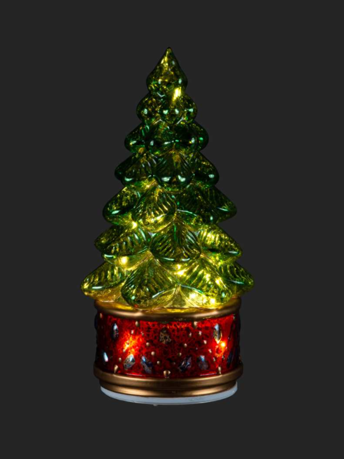 Spinning Green Glass LED Tree with Red Base