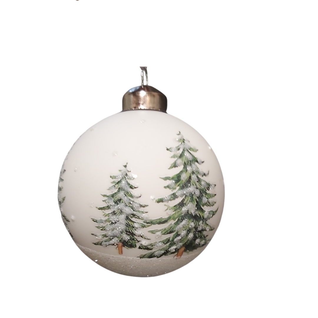 White Ball Ornament with Green Trees 3"