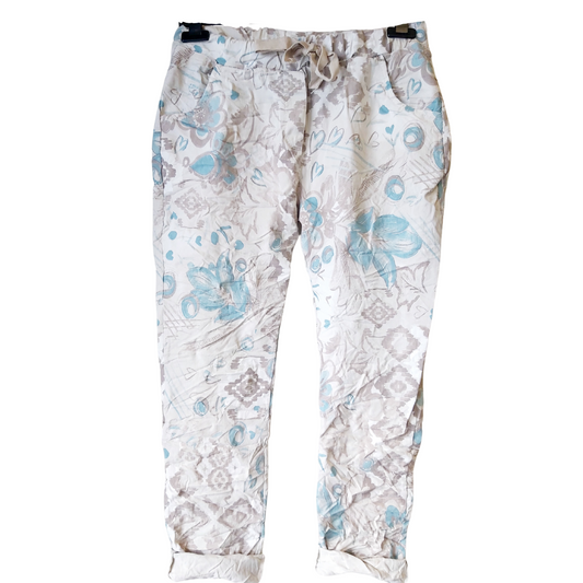 Abstract Blue Print Pants - Beige