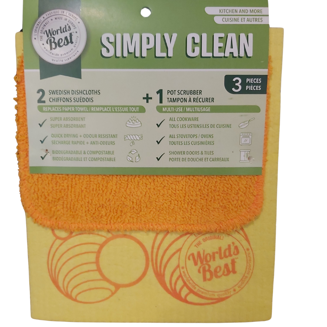 World's Best Flat Pot Scrubber and Swedish Dishcloth -3 Pc Set