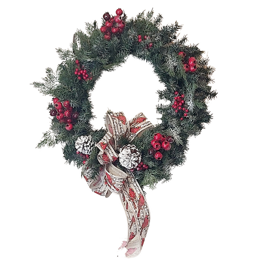 Wreath with Frosted Pinecones, Red Berries & Cardinal Ribbon  **Pick Up Only **