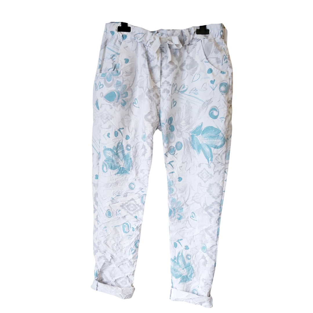 Abstract Blue Print Pants - White