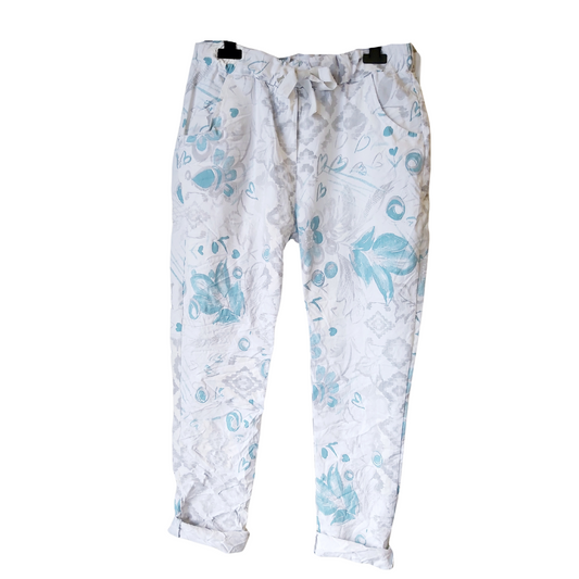Abstract Blue Print Pants - White