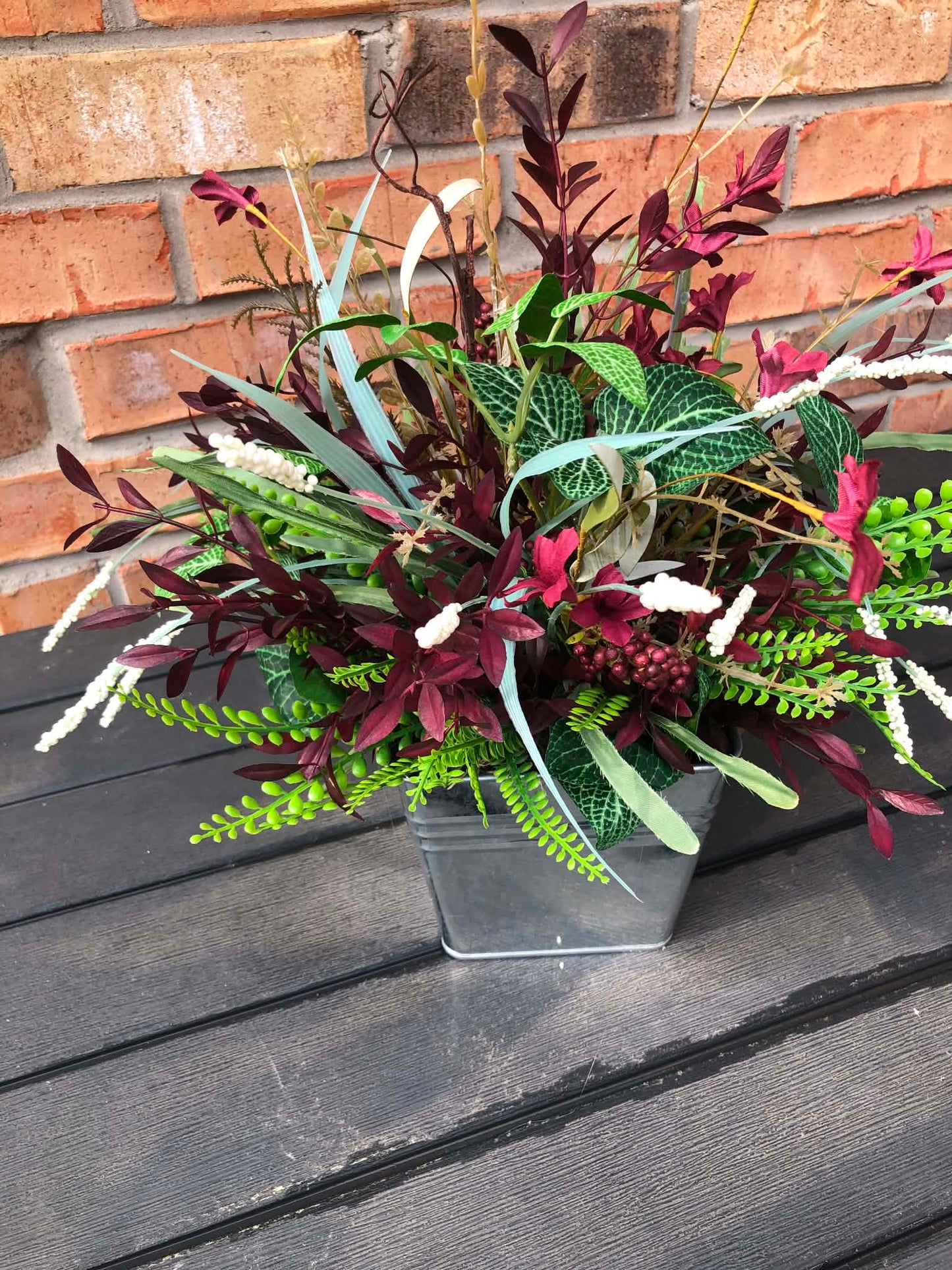 Faux Floral Greenery with Burgundy in Silver Square Pot