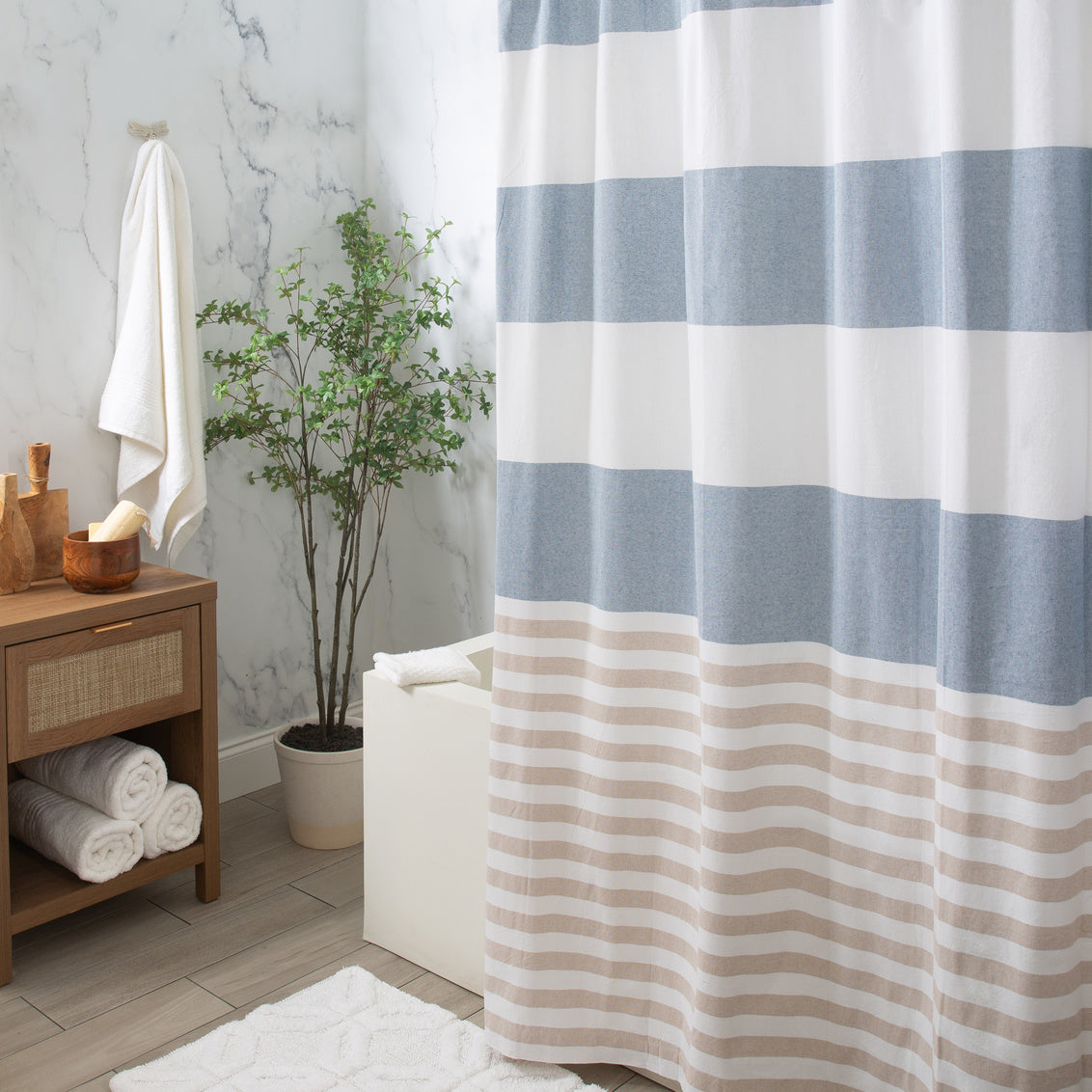 Stripe Cotton Shower Curtain Blue and Beige
